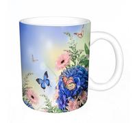 AELKSP Tazas grandes de 330 ml para café, tazas desayuno, té y bebidas calientes, tazas de cafe,Ramo de hortensias azules y mariposa sobre un fondo de flores.,regalo aniversario pareja