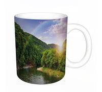 AELKSP Tazas grandes de 330 ml para café, tazas desayuno, té y bebidas calientes, tazas de cafe,Río que fluye entre verdes montañas a través del bosque al atardecer,regalo aniversario pareja