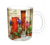 AELKSP Tazas grandes de 330 ml para café, tazas desayuno, té y bebidas calientes, tazas de cafe,Una pequeña ciudad del sur de Europa, con muros de flores, patios, flores flo,regalo aniversario pareja