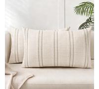 AELS Juego de 2 Fundas de Almohada Decorativas de Lino de 12 x 20 Pulgadas, con Textura Bohemia, Color Beige con Hilo de Punto Blanco y marrón, Funda de cojín para sofá, Sala de Estar (Solo Funda)