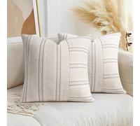 AELS Juego de 2 Fundas de Almohada Decorativas de Lino de 18 x 18 Pulgadas, con Textura Bohemia, Color Beige con Rayas Blancas y Grises, para sofá, Sala de Estar (Solo Funda)