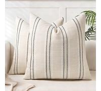AELS Juego de 2 Fundas de Almohada Decorativas de Lino de 20 x 20 Pulgadas, con Textura Bohemia, Color Beige con Hilo de Punto Blanco y Negro, Funda de cojín para sofá, Sala de Estar (Solo Funda)