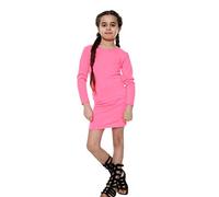 Aelstores Vestido ajustado para niñas Vestidos largos lisos a media pierna Traje de manga completa con cuello redondo elástico Rosa neón - 7-8 años