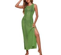 AEMDOMU - Vestido de ganchillo para playa, para mujer, sin mangas, abertura lateral, vestido de verano con patrón de agujeros, crochet, cuello redondo, vestido de playa, largo, poncho de playa, verano