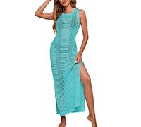 AEMDOMU - Vestido de ganchillo para playa, para mujer, sin mangas, abertura lateral, vestido de verano con patrón de agujeros, crochet, cuello redondo, vestido de playa, largo, poncho de playa, verano