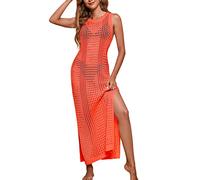 AEMDOMU - Vestido de ganchillo para playa, para mujer, sin mangas, abertura lateral, vestido de verano con patrón de agujeros, crochet, cuello redondo, vestido de playa, largo, poncho de playa, verano