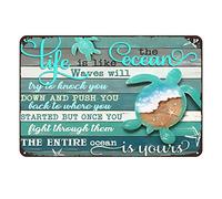 Aenaon Cartel de lata con diseño de tortuga con texto en inglés "The Life is The Ocean Waves Will Try to Knock You Down", decoración rústica vintage, cueva, cafetería, bar, dormitorio, hogar, pared