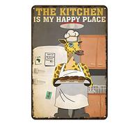 Aenaon Giraffe Chef The Kitchen is My Happy Place - Letrero de metal vintage para el hogar, cocina, garaje, bar, cueva, pared, decoración nostálgica, letrero rústico de lata de 5.5 x 8 pulgadas