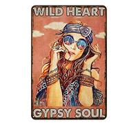 Aenaon Letrero de estaño con diseño de chica con corazón salvaje y alma gitana, vintage, para el hogar, cocina, garaje, bar, cueva, pared, decoración nostálgica, letrero rústico de estaño de 30 x 43