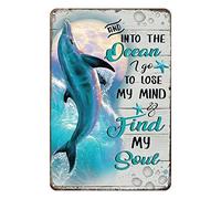 Aenaon Letrero de metal con texto en inglés "Into The Ocean I Go to Lose My Mind", vintage, bar, cocina, garaje, cueva, hogar, pared, decoración divertida, retro, delfín, estaño, 20,3 x 30,5 cm