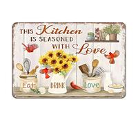 Aenaon Letrero de metal con texto en inglés "That Kitchen is Seasoned with Love" para bar, cocina, garaje, cueva, hogar, decoración divertida, retro, cartenal, 8 x 12 pulgadas