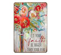 Aenaon Letrero de metal retro con texto en inglés "Let Your Faith Be Bigger Than Your Fear", letrero de lata para el hogar, bar, patio, cueva, pared, decoración vintage, flores y libélulas, 8 x 12