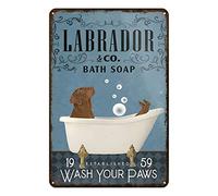 Aenaon Letreros de lata para baño, diseño de perro Labrador Retriever, con texto en inglés "Wash Your Paws", letrero de metal vintage para el hogar, casa de campo, decoración de pared de baño