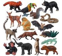 AENIMELY 16 figuras de animales de la selva - Colección de bebés animales salvajes, tucán, elefante, ardilla, lemuriano, juguete educativo y regalo STEM - ideal también para decoración de tartas