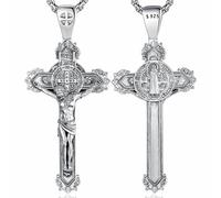 AEONSLOVE Collar de crucifijo de San Benito para hombre y mujer, plata de ley 925, colgante de crucifijo de San Benito, collar de cruz de Jesús, amuleto católico, regalos religiosos para padre, Plata