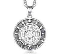 AEONSLOVE Collar Rueda de Hécate Plata de Ley 925 Colgante Diosa Hécate Joyas Triple Luna con Fases Lunares Regalo Brujería Amuleto Talismán