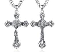 AEONSLOVE Crucifijo Colgante Cruz Hombre Crucifijo Collar Cruz de Plata de Ley 925 para Mujer Medalla San Benito Colgante Cristo Religioso Joyas Católico