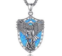AEONSLOVE Medalla San Miguel Arcangel Collar San Miguel Plata de Ley 925 para Hombre Mujer Colgante San Miguel Católico Ópalo Azul Joyas Amuleto Protección Regalo Protección Religiosa