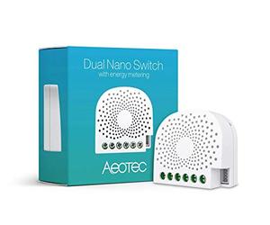 Aeotec Dual Nano Switch Controlador de Encendido/Apagado with Power Metering, 2 interruptores, Z-Wave Plus, en Pared, Funciona con Alexa