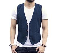 AeoTeokey Chaleco de lino para hombre, estilo casual, corte recto, para verano, azul marino, S