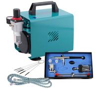 Aerógrafo profesional Ultimate II con compresor, muy silencioso, pistola de doble acción con 3 boquillas + agujas + taza de colores + vidrio, tubo de aire comprimido y juego de cepillos de limpieza