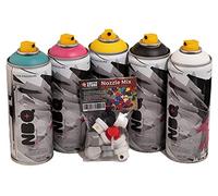 Aerosol NBQ CMYK + blanco, 5 x 400 ml, incluye tapas de repuesto, graffiti PRO de alta cobertura para arte de manualidades, secado rápido, alta cobertura con muelle de válvula suave.
