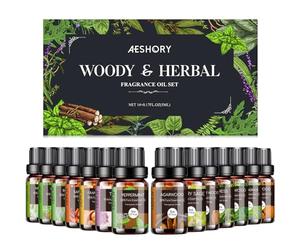 AESHORY Set de Aceites Esenciales a Base de Hierbas 14 x 5ML, Natural Aromaterapia Aceite Aromáticos para Humidificador Difusor, Masaje - Sándalo, Incienso, Cedro, Ciprés, Teca, Menta, Madera de Agar