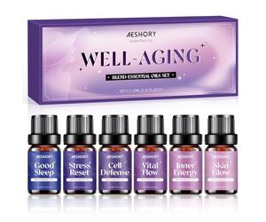 AESHORY Set de Aceites Esenciales Well-Aging 6 x 10ML - Defensa Celular, Brillo de la Piel, Buen Sueño, Reinicio del Estrés, Flujo Vital, Energía Interna - Mezcla Natural para Cuidado Personal