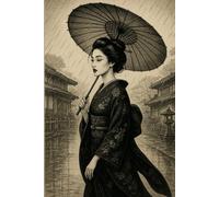 Aesthetic Japanese Lined Notebook - 100 Pages Elegant Geisha with Umbrella in Rain and Traditional Pagoda - Vintage Oriental Journal for Writing, ... - Perfect Gift for Japan Culture Enthusiasts