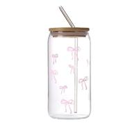 Aesthetic Tumbler Goblet | Borosilicate Vessel 500ml Bow Motif Wooden Steel Straw Lid Assembly Portable Cold Beverage Hydration | Iced Latte Cocktail Birthday Gift Kitchen Home Party Female Friend Col