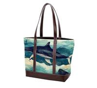 Aesthetic Whale-2069 - Bolso de cuero duradero lavado para mujer, con asa superior, bolsillos y cremallera, multicolor, (Multicolor 05), 33.8x12x31cm/13.3x4.7x12.2 in