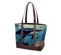 Aesthetic Whale-2069 - Bolso de cuero duradero lavado para mujer, con asa superior, bolsillos y cremallera, multicolor 01, 33.8x12x31cm/13.3x4.7x12.2 in