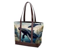 Aesthetic Whale-2069 - Bolso de cuero duradero lavado para mujer, con asa superior, bolsillos y cremallera, multicolor, (Multicolor 04), 33.8x12x31cm/13.3x4.7x12.2 in
