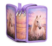 AEstuche Escolar Niña de 3 Compartimentos con Caballos para Equitación | Estuche Escolar Grande de 3 Compartimentos en Tela Oxford con Cremallera y 55 Elásticos, para Primaria y Adolescentes