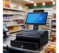 AETEREOS Caja Registradora Inteligente, Sistemas Tpv Todo en Uno para Comercio Minorista, Pantalla Multitáctil de 15,6" + Impresión de Alta Velocidad de 58 Mm + Cajón Portamonedas Metálico Blue