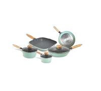 Aeternum Green Induction Wood, batería de 8 piezas, sartenes antiadherentes, aptas para inducción, mangos de madera de haya, incluye 3 sartenes, 2 cacerolas, 3 tapas, 100% materiales reciclables