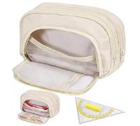 AetherAurora Estuche Escolar Grande 22x9x12cm, Estuches Escolares 3 Compartimentos, Pencil Case Grandes (1 Regla), Bonito Estojos Beige, para Niñas Niños Adolescentes Estudiantes Adulto