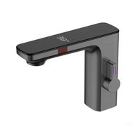 Aetluxery Grifo de baño con sensor, mezclador de pantalla digital inteligente, grifo de fregadero montado en cubierta de un solo agujero, agua fría y caliente, construcción de latón cromado (gris)