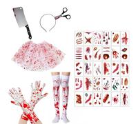 AEYAKA Disfraz de Enfermera Zombi Mujer - Falda Tutu Ensangrentada, Medias, Guantes, Diadema con Tijeras, Machete & Tatuajes - Traje de Terror para Fiesta de Halloween y Cosplay Adulto