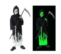 AEYAKA Disfraz Infantil Grim Reaper que Brilla en la Oscuridad, Capucha Negra con Máscara de Calavera, Guantes, Guadaña para Niños Niñas, Traje de Fantasma Terrorífico Cosplay Halloween Regalos M