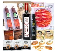 AF® - Cesta gourmet para regalar con vino Sensaciones 75cl, surtido de ibéricos, quesos cremas, AOVE, paté al Pedro Ximenez, sobrasada y picos artesanos - Cesta navidad con jamon