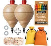 AF® - Peonza Madera, Set 2 Peonzas Niños, 6 Ceras de Colores para Niños | Personaliza tu Trompo Madera Tradicional con Punta Bolígrafo | Ideal como Detalle Alumnos Fin de Curso