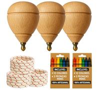 AF® - Peonza Madera, Set 3 Peonzas Niños + 12 Ceras de Colores para Niños | Personaliza tu Trompo de Madera Mini, Pack 3 Trompos para niños