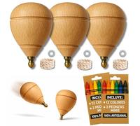 AF® - Peonza Madera, Set de 3 Peonzas Niños + 12 Ceras de Colores y 3 Arandelas para la Cuerda | Personaliza tu Trompo para Niños Minis