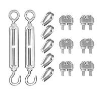 AFASOES 13 Pcs I 2 x Tensores tendedero M6 x 145 mm Tensor para Cuerda de Tendedero de Ropa Tensores Tendedero Exterior para Cuerda de Luce/Toldo + 6 x Abrazaderas de Cable M3 + 5 Pcs Cable Dedales