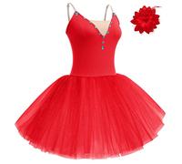 AFAVOM 2 leotardos de ballet con purpurina para mujer, disfraz largo de bailarina, vestido de ballet con clip para el cabello, camisola leotardo, Rojo -, S