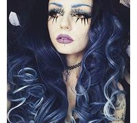 AFBeauty Peluca sintética de encaje frontal con reflejos azules, mezcla de color azul, extremos blancos, peluca sintética de raíz natural, multicolor, resistente al calor, para mujer, 61 cm