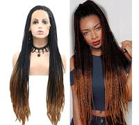 AFBeauty Peluca trenzada sin nudos con encaje frontal, larga, marrón y negro, degradado, para mujer, hecha a mano, realista, resistente al calor, sin pegamento, peluca de trenzas de caja, gran