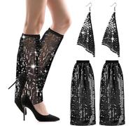 AffeGifts Discoteca Disfraz Años 70s 2pcs, Calentadores Brillantes con Lentejuelas Pendientes Abba Glitter Calentadores Lentejuelas Disfraz Discoteca de Años Conjunto Disco Accesorios Mujeres (Negro)
