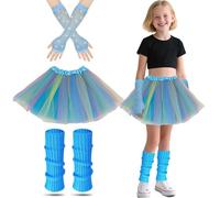 AffeGifts Disfraz Años 80 Niña, Disfraz Rockera Niña Niñas Calentadores de Piernas de Neón Guantes de Redes de Pescado y Vestido Fantástico Tutu para la Fiesta Temática de la Década (Azul)